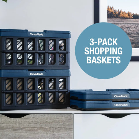 Collapsible Shopping Baskets With Handles, 24L Three Pack, Fold Flat Plastic Storage Bins For Car And Home, stacked on table