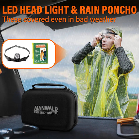 Roadside Emergency Car Tool Kit with headlamp, rain poncho, and gear bag, ideal for men and women to handle breakdowns on the go.