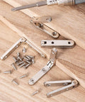 Heavy Duty 90 Degree Small Hinge Set For Wooden Boxes And Miniature Furniture Craft Projects Jewelry Cases Cabinets And Drawers Includes 20 Sets With Screws For Easy Installation, shown with hinges and screws on wooden surface.