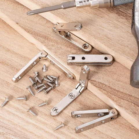 Heavy Duty 90 Degree Small Hinge Set For Wooden Boxes And Miniature Furniture Craft Projects Jewelry Cases Cabinets And Drawers Includes 20 Sets With Screws For Easy Installation, shown with hinges and screws on wooden surface.