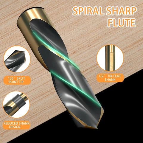 5/8 Inch Drill Bit With Reduced Shank engineered for metal wood and plastic with 135 degree split point and gold coating.