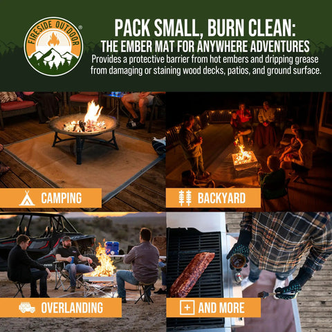 Under Grill Fire Pit Mat For Outdoor Deck And Grass Protection in various outdoor settings, showcasing usage on decks and patios.