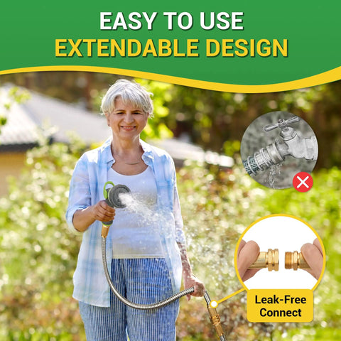 Person holding Stainless Steel Garden Hose 3 Ft Heavy Duty Metal Water Hose With Female To Female Fittings in garden