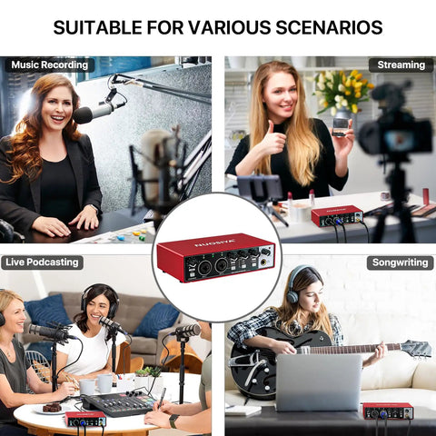 Red USB Audio Interface For PC And Mac, Pro Grade Studio Sound 24 Bit 192 KHz, used for music recording, live podcasting, streaming, songwriting