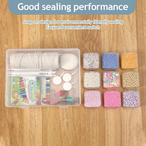 Clear Bead Organizer Kit With 30 Small Storage Containers, hinged lids and label tabs, displayed with assorted beads on wooden surface