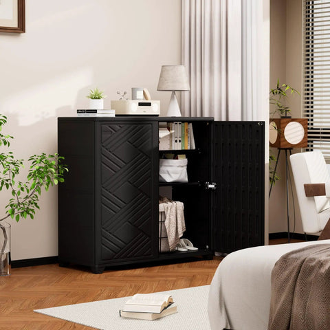 Black resin outdoor storage cabinet with open door showing shelves; Resin Outdoor Storage Cabinet Weatherproof for Patio Garden Backyard