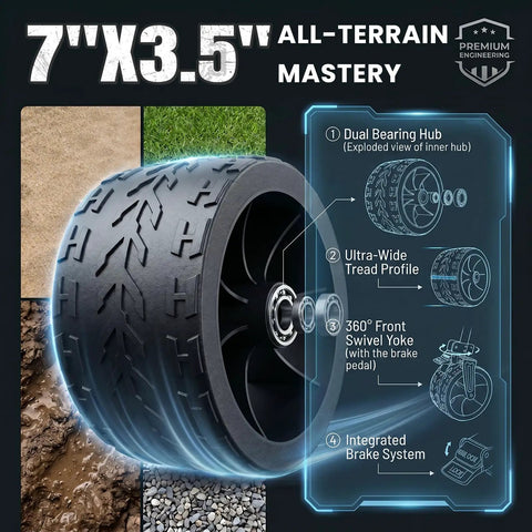 7x3.5-inch wheel with dual bearing hub and integrated brake system for 330Lbs Collapsible Folding Wagon With All Terrain Wide Wheels Front One Touch Brakes Heavy Duty Beach Wagon Cart Grocery 165L Large Capacity For Camping Garden Sports Black.
