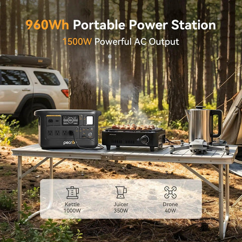 Your All In One Portable Power Station With 960Wh LiFePO4 Battery And 1500W Pure Sine Wave Output on camping table in forest