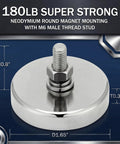 Close-up of neodymium round mounting magnet with M6 bolt, silver finish, 1.65in diameter, 180lb capacity