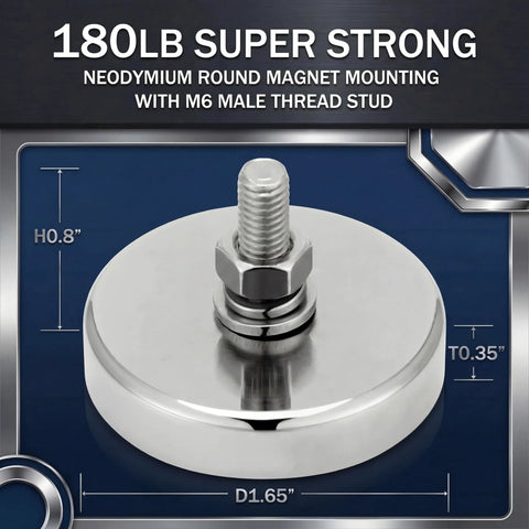 Close-up of neodymium round mounting magnet with M6 bolt, silver finish, 1.65in diameter, 180lb capacity