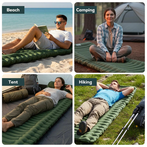 Ultralight Camping Sleeping Pad 17.5 Oz Compact Inflatable Mattress used on beach, forest, hiking field, and inside tent