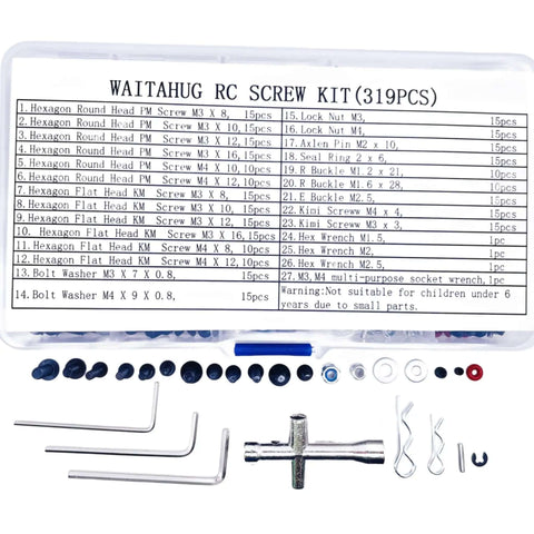 Universal 634 Piece RC Screw Kit For Traxxas Arrma HPI RC4WD Axial Tamiya Redcat Losi And More All In One Heavy Duty Metal Screws And Repair Tools For RC Cars Trucks Crawlers And Track Vehicles Must Have Go To Kit containing assorted screws and tools, displayed with package details.