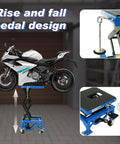 Beefy Hydraulic Motorcycle Scissor Jack Lift With Foot Step Lever And Four Wheels, Height Adjustable From 13.4 To 36.2 Inches, Heavy Duty Lift Table For Dirt Bikes Snowmobiles And Motorcycles, Blue. Image shows lifting a motorcycle in a garage setting.
