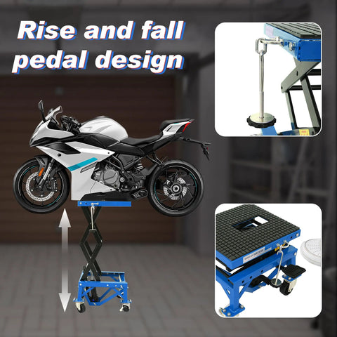 Beefy Hydraulic Motorcycle Scissor Jack Lift With Foot Step Lever And Four Wheels, Height Adjustable From 13.4 To 36.2 Inches, Heavy Duty Lift Table For Dirt Bikes Snowmobiles And Motorcycles, Blue. Image shows lifting a motorcycle in a garage setting.