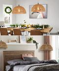 Boho Plug In Pendant Light With 15ft Golden Cotton Cord Handwoven Hemp Rope Lampshade in dining and bedroom settings