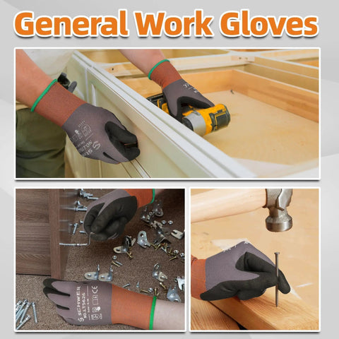 6 Pairs Sandy Nitrile Coated Safety Work Gloves Level 6 Abrasion Resistance, Heavy Duty Grip For Mechanic, Construction, Touchscreen Compatible, Men And Women, Built Tough, Reliable All Day Wear shown in use with tools