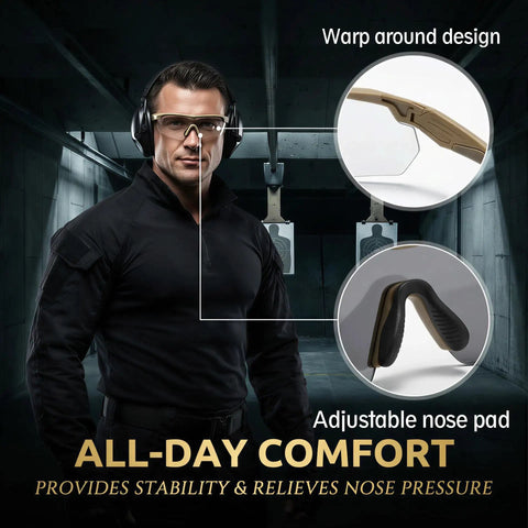 Outdoor Safety Shooting Glasses Anti Fog Tactical Goggles With 3 Interchangeable Lenses And Hard Case Lightweight Durable PC Frame Scratch Resistant All Day Comfort For Men And Women Khaki with adjustable nose pad shown.