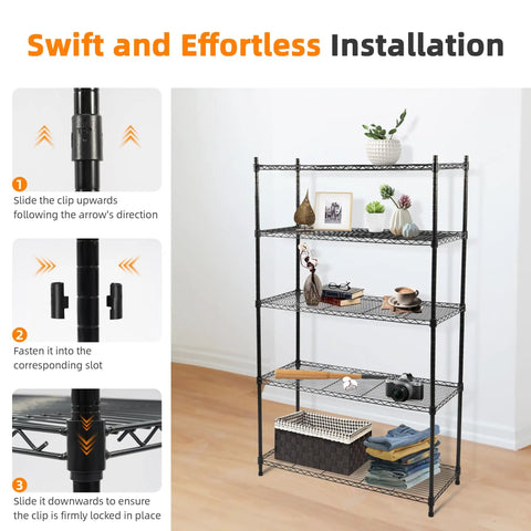 Five Tier Adjustable Metal Wire Shelving Unit With Leveling Feet Heavy Duty Pantry Organizer Rack For Kitchen Garage Laundry Office Black Built To Last And Able To Hold 350 Pounds Per Shelf. black 5-tier wire shelf with leveling feet in room