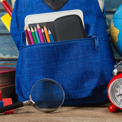 Built Like A Tank EVA Hard Shell Carrying Case For 5.9 Inch Mp3 Players in a blue backpack with pencils.