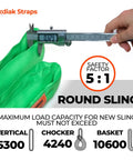 Endless Round Sling Lifting Strap 3 Feet Long Polyester Heavy Duty Rigging Sling For Hoisting Moving And Towing 2600 Lbs Vertical Capacity ASME B30 13 OSHA Compliant 1 Pack, green sling with safety factor chart