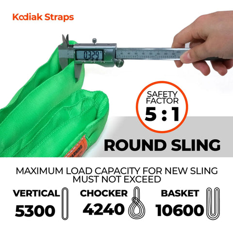 Endless Round Sling Lifting Strap 3 Feet Long Polyester Heavy Duty Rigging Sling For Hoisting Moving And Towing 2600 Lbs Vertical Capacity ASME B30 13 OSHA Compliant 1 Pack, green sling with safety factor chart