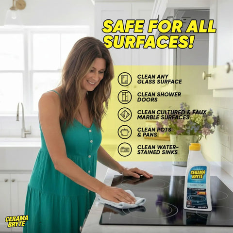 Woman using Glass Cooktop And Stove Top Cleaner Kit With Scraper, Razor, And Pad to clean induction surface in kitchen