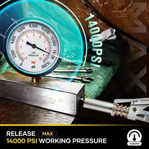 Front view of Saker grease gun coupler with 1/8 in NPT fitting and inline pressure gauge up to 14,000 psi