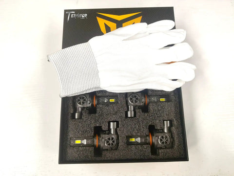Box of 9005 9006 LED Bulbs Combo with 100000 Lumens Ultra Bright Daylight 6500K, includes 4 bulbs and gloves for installation