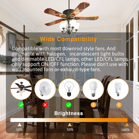 Dining room with ceiling fan, compatible light bulbs, and brightness slider for Two Pack Universal Ceiling Fan Remote Kit With Light Dimmer And Three Speed Receiver, Plug And Play Wireless Control For Hunter Harbor Breeze Westinghouse Honeywell And More, Turns Any Ceiling Fan Into A Remote Controlled Unit.