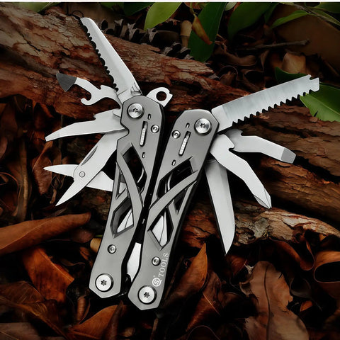 Everyday Carry 15 In 1 EDC Multitool Pliers with spring-assisted pliers and hollow skeleton design on forest background.