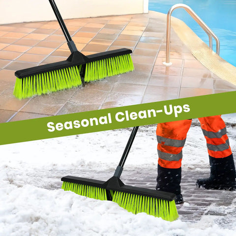 24 Inch Push Broom Outdoor With Stiff Bristles And Heavy Duty Brush 63 Inch Long Handle in use on tile and snowy surface