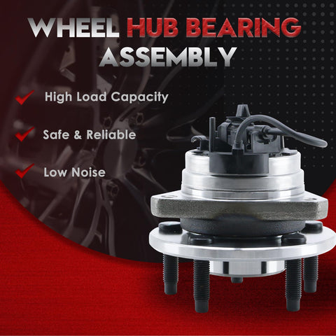 Front Wheel Bearing And Hub Assembly For 2004-2012 Chevy Malibu, 2008-2010 Chevy Cobalt HHR, 2005-2010 Pontiac G6, 2007-2009 Saturn Aura, 5 Lug With ABS, 513214 Wheel Hub Replacement, Easy Bolt On Upgrade For A Smooth Ride, product illustration with features listed