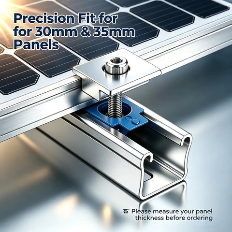 Close-up of 20Pcs Solar Panel Mid Clamps For 30Mm And 35Mm Panels secured to an aluminum rail, showing precision fit and mounting details.