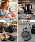 Collage showing Gooseneck Electric Kettle 1L With Six Temperature Presets, 1200W Fast Heating, and features like auto shut-off and keep-warm.