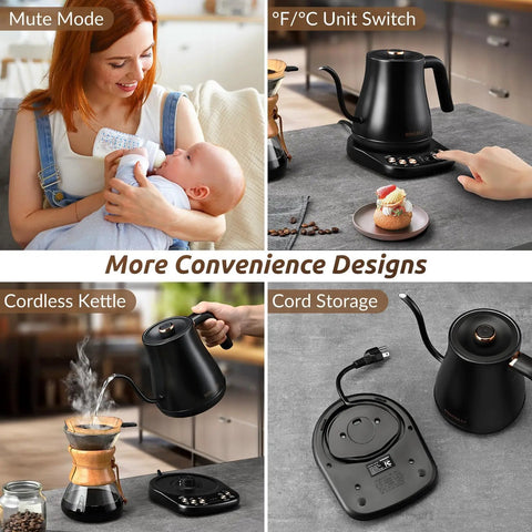 Collage showing Gooseneck Electric Kettle 1L With Six Temperature Presets, 1200W Fast Heating, and features like auto shut-off and keep-warm.