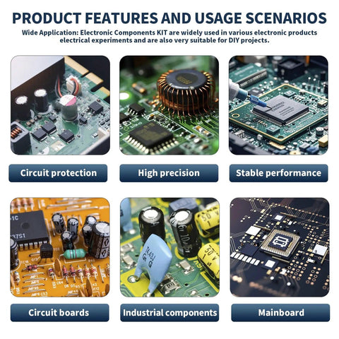 DIY Electronics Component Kit For Pro Projects 1910 Pcs Of Resistors Electrolytic Capacitors Schottky Diodes LEDs Transistors And More Great Variety For Learning Prototyping And Repairs - product features and circuit board images.