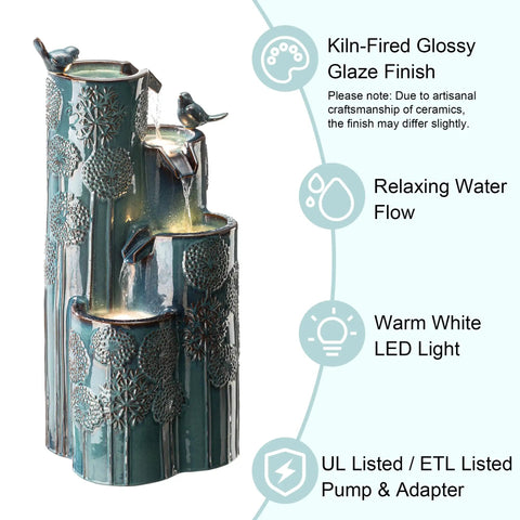 Turquoise Outdoor Water Fountain With LED Lights And Pump Dope 4 Tier Dandelion Texture Vase Shaped Ceramic Floor Standing With Birds