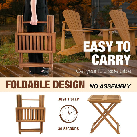 Folding Wooden Side Table, Portable And No Assembly Needed, ideal for patio and camping, shown folded and unfolded.
