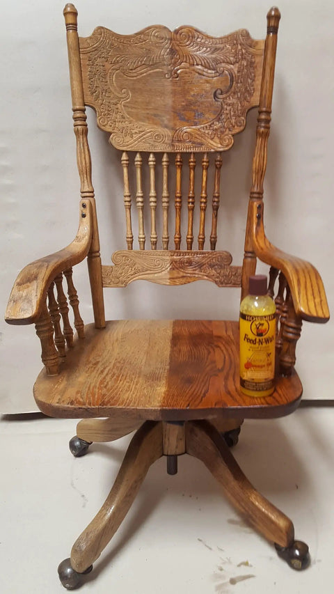 Wood Polish And Conditioner In An 8 Oz Bottle That Nourishes, Protects, And Brings Out Natural Grain On Wooden Chair With Rich Finish