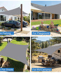 10x16 Outdoor Shade Sail Rectangle Waterproof UV Block Sun Shade For Backyard Deck Patio Garden And Outdoor Activities In Light Grey 280 GSM Polyester Delivers 98% UV Block And 90% Shade installed for parking, playground, pet shade, and RV camping.