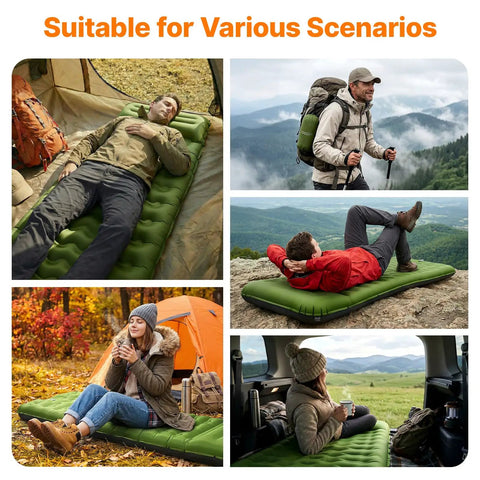 Ultralight Inflatable Sleeping Pad With Built In Pillow And Foot Pump For Camping, 6 Inch Thick, 79 X 27.5 Inch, Various Scenarios