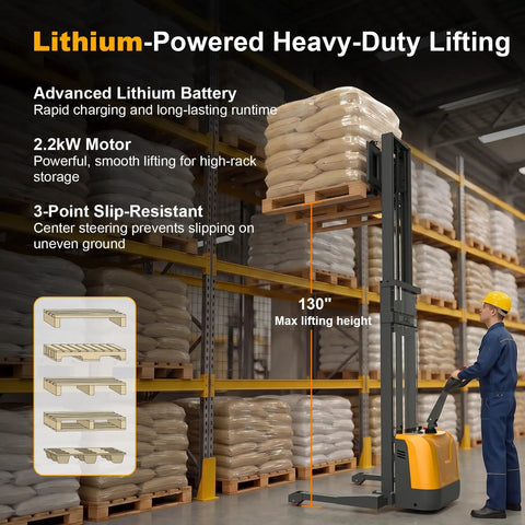 Lithium Electric Pallet Stacker 3300 Pound Capacity 130 Inch High Reach lift in warehouse lifting heavy pallets.