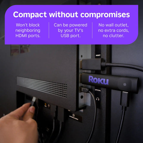 Next Level HD Media Stick Player With Clutch Voice Remote plugged into TV HDMI port, showcasing compact design for seamless streaming.