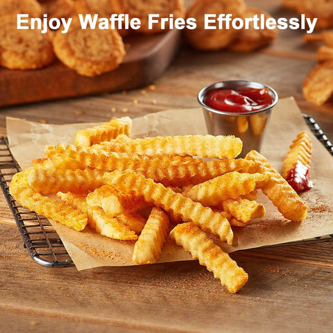 TERUISI crinkle-cut potato blade accessory for GJ817 electric chopper; fries on parchment.