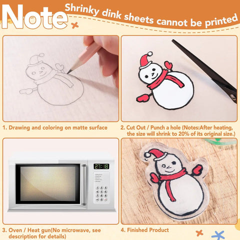 Shrink Plastic Craft Kit With 155 Pieces For DIY Jewelry And Keychains Includes 25 Shrinky Sheets 7.9x5.7in 100 Opening Jump Rings 10 Ear Hooks 10 Keychains 10 Chains And Instructions For Ages 14 Plus showing snowman shrink process in four steps