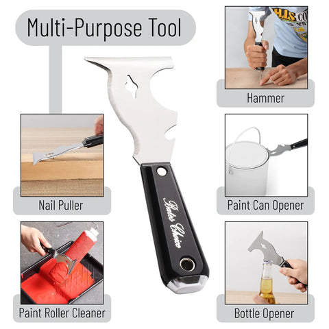 10 In 1 Painters Tool Scraper Knife For Paint Removal Putty Spackle Woodworking With Rust Resistant Blade And Wood Grip shown in various uses