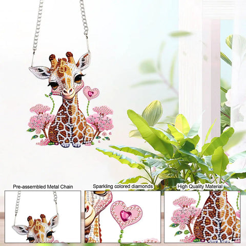 Diamond Painting Hanging Pendant Kit For Adults with giraffe design, includes DIY acrylic rhinestone sun catcher for window decor.
