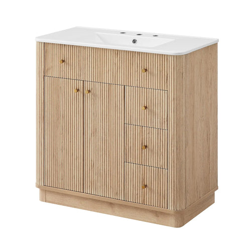 Top Shelf 36 Inch Fluted Bathroom Vanity With Single Sink In Natural Oak Featuring Smooth Rounded Corners And Slick Modern Design For Your Sweet Home Refresh Setup
