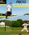 Beefed Up 7x4 Foot Baseball Pitching Screen With Home Plate And Pitcher Plate in field with player, carrying bag featured