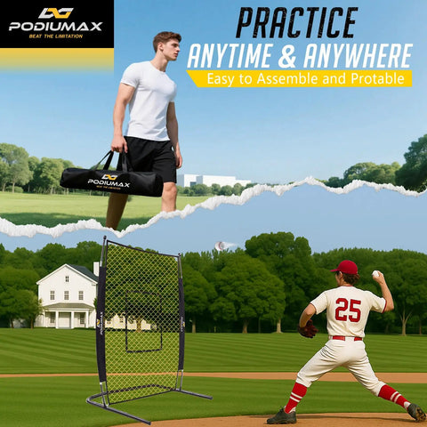 Beefed Up 7x4 Foot Baseball Pitching Screen With Home Plate And Pitcher Plate in field with player, carrying bag featured